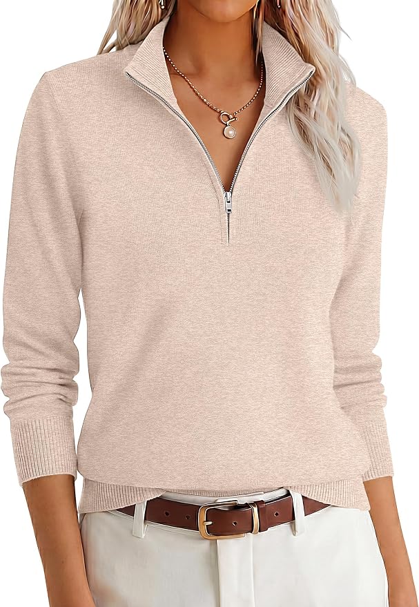 ANRABESS Women Quarter Zip Long Sleeve Fall Pullover Sweater | Soft Knit Fabric Medium Stretch, Business Casual Work Office, Travel Vacation, 2026 Trendy Fashion, Winter Cozy Outfits