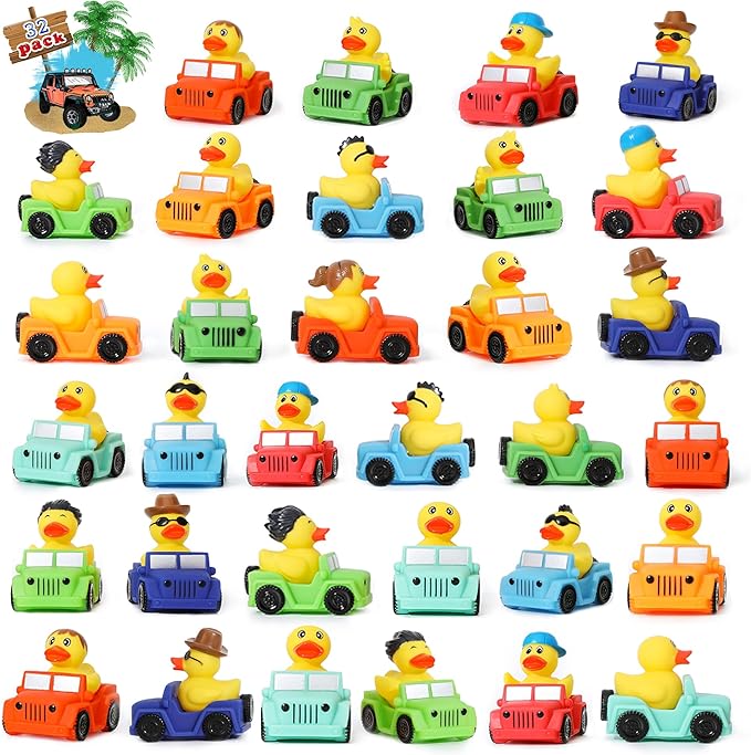 XY-WQ 32 Pack Rubber Duck for Jeeps Ducking - 3" Bulk Floater Duck for Kids - The Shape of a Vehicle - Baby Bath Toy Assortment - Party Favors, Birthdays, Bath Time, and More (8 Varieties)