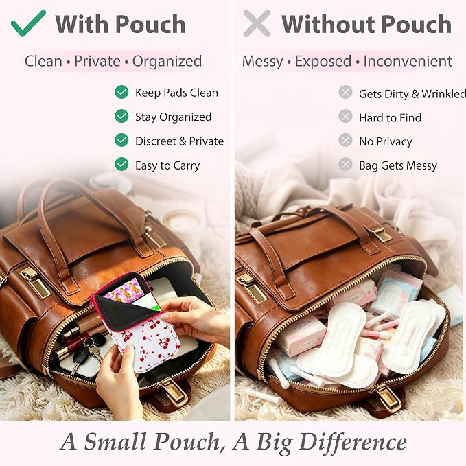 KJQJLY 2 Pack Portable Tampon Organizer Bag Tampon Holder & Storage Case with Zipper for Travel, Discreet Period Bag for Purse, Waterproof Feminine Products Pouch for Women (Strawberry&Cherry)
