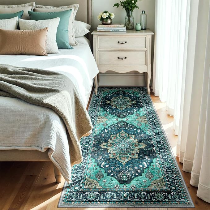 RELEANY Area Rugs Runner 3'x7' Washable Non-Slip, Floral Vintage Distress Medallion Carpet for Kitchen Hallway Bedroom Beside Laundry Room Bathroom, Teal Green Lake Blue Turquoise