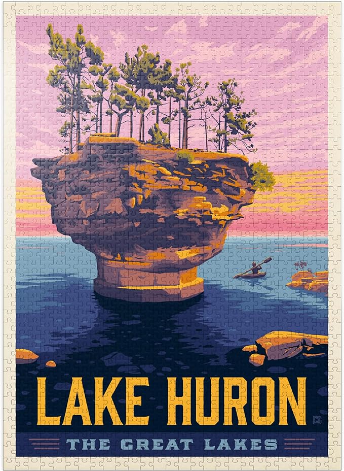 MyPuzzle Great Lakes: Lake Huron, Vintage Poster - Premium 1000 Piece Jigsaw Puzzle for Adults