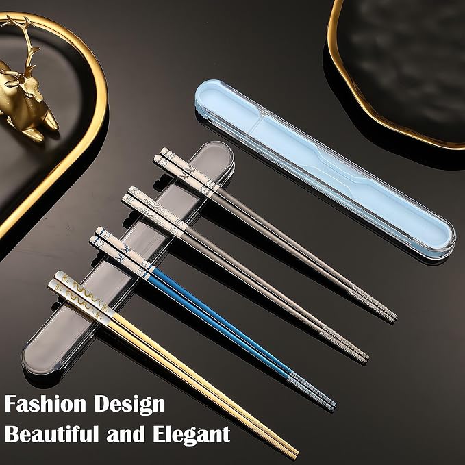 Stainless Steel Chopsticks with Case,2 Pairs Metal Blue Eagle Black Phoenix | Reusable,Portable,Come in a Set,Durable Case lightweight,Beginner friendly, Suitable for School,Home,Office,Bento Box