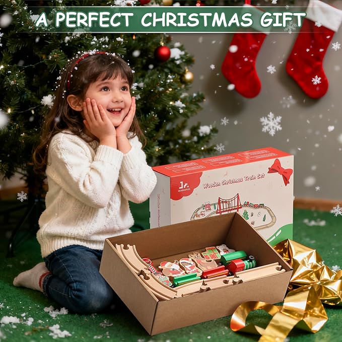 SainSmart Jr. Wooden Train Set 50 Pcs Train Set - Toy Train with Exquisite Box, Wood Train Track Set Fit for Major Brands, Ideal Railway Playset for Boys and Girls