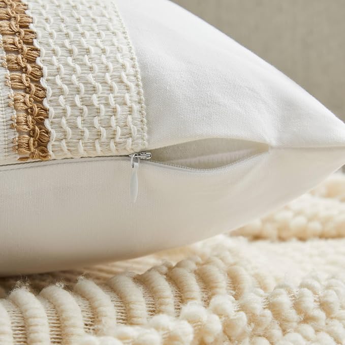 2pk Boho Pillow Covers 20x20, Natural White/Grid/Brown | 100% Organic Cotton Body, Stripe Embroidery, Farmhouse Decorative Cushion Covers for Sofa Bed Living Room Home Decor