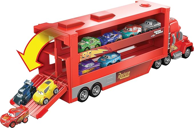 Mattel Disney and Pixar Cars Toy Transporter, Large-Scale Truck, Mack Hauler Holds 18 Miniatures & Includes 1 Metal Lightning McQueen, Play & Display