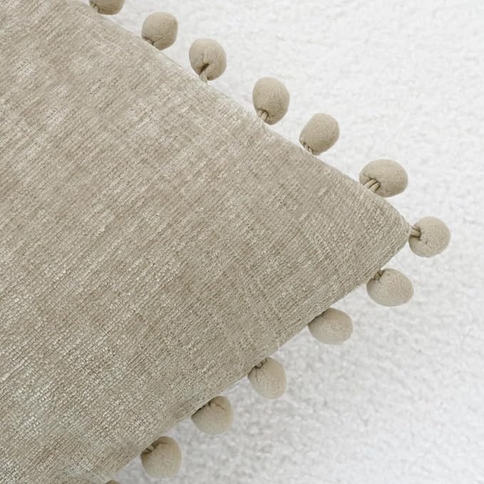 CaliTime Decorative Couch Throw Pillow Covers 20 X 20 Inches Taupe | Pack of 2, Cozy Chenille Cushion Cases, with Pom Poms for Sofa Bed Living Room Farmhouse Home