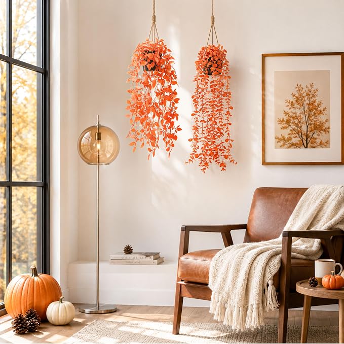 Der Rose 2Pcs Fake Fall Hanging Plants for Home Bathroom Wall Outdoor | Orange artificial hanging plants for autumn decor accents, fall bathroom and kitchen decor, porch, patio and covered decor
