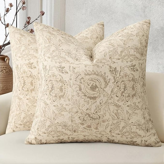 Vintage Floral Print Throw Pillow Covers 18x18 Set of 2 Neutral Modern Farmhouse Pillowcases Accent Decorative Cushion Covers Boho Home Decor for Couch Sofa Chair Bed Living Room, Natural Beige