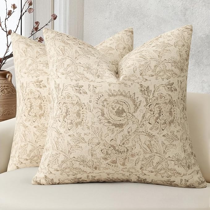 Vintage Floral Print Throw Pillow Covers 24x24 Set of 2 Neutral Modern Farmhouse Pillowcases Accent Decorative Cushion Covers Boho Home Decor for Couch Sofa Chair Bed Living Room, Natural Beige