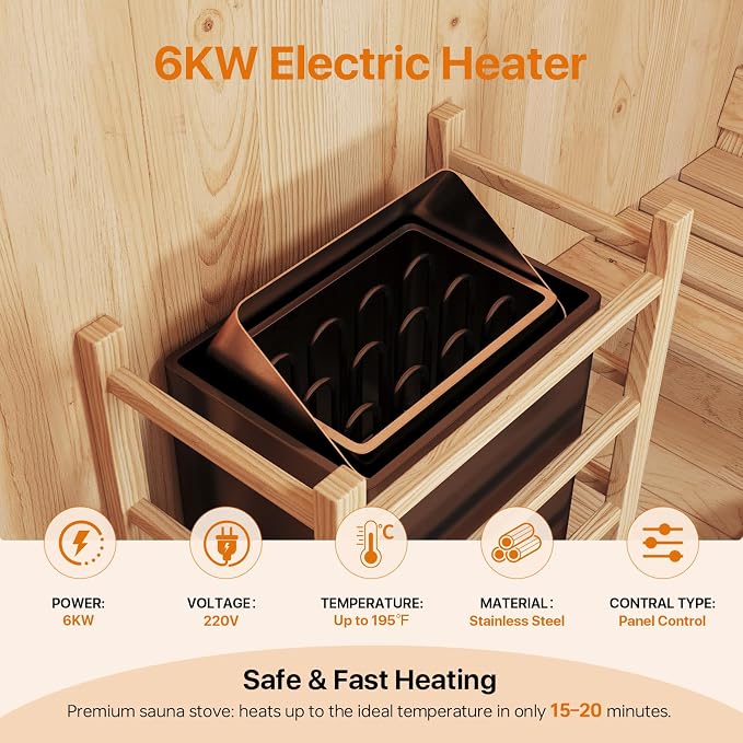 Outdoor Barrel Sauna, Traditional Wood Sauna for Backyard, Dry＆Wet Sauna for Outdoor, 220V/6KW Electric Heater with Sauna Stone, Sauna Accessories, Waterproof Tarpaulin
