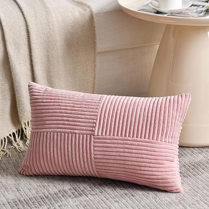 Fancy Homi 2 Packs Blush Pink Lumbar Decorative Throw Pillow Covers 16x28 Inch for Living Room Couch Bed, Rustic Farmhouse Boho Home Decor, Soft Striped Corduroy Rectangle Accent Cushion Case 40x70 cm