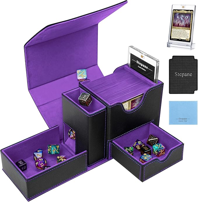MTG Deck Box for Commander Display with Dice Tower, Fits 100 Double Sleeved Cards for TCG/PTCG, Cards Storage Case with Dice Tray and 35PT Magnetic Card Holder (Black/Violet)