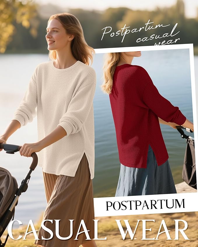 3 Pack Women's Maternity Shirts Long Sleeve Waffle Knit Side Split Oversized Tops Pregnancy Clothes Fall Tees