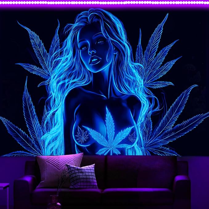 Bcsewcg Blacklight Art, Blue Tapestry Wall Hanging - UV Glow in the Dark Hot Girl Poster for Adults, Bedroom, Dorm Decor