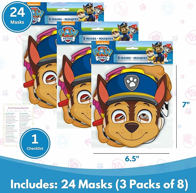 Unique Paw Patrol Party Masks | 24 Count | For Kids Birthday Party Favors and Decorations | Officially Licensed | includes Checklist