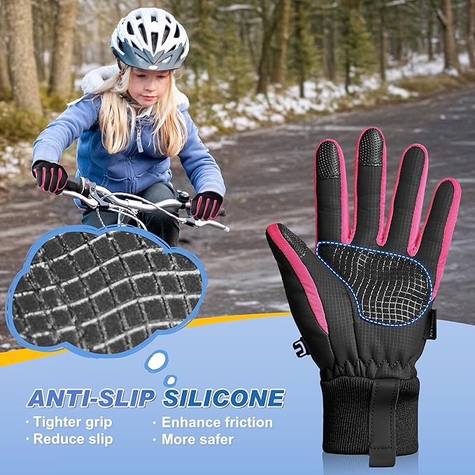 Sukeen Kids Winter Warm Gloves for Boys Girls Windproof PU Cold Weather Gloves Aged 4-14 Anti-Slip Gloves for Cycling Outdoor
