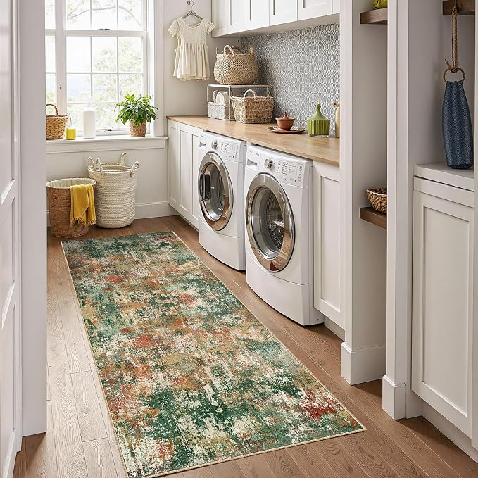 RELEANY Washable Runner 2'x10' Abstract Area Rug for Hallway Green Multi | carpet for kitchen, entryway, bathroom, living room, bedroom, printed pattern, non-slip, soft, stain-resistant, easy to clean