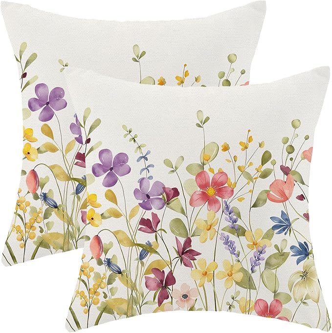AEIOAE Spring Pillow Covers 18x18 Inch Set of 2, Colorful Wild Flower Leaves Plant Throw Pillows Case,Seasonal Floral Outdoor Decorative Farmhouse Decor Cushion Covers for Home Sofa Bed Couch