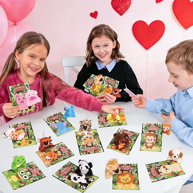 24 Pack Valentines Day Cards for Kids Classroom with Valentines Animals Plush Toys Valentines Day Gifts for Kids School Valentines for Class Exchange Cards Valentines Party Favors Prizes Girls Boys