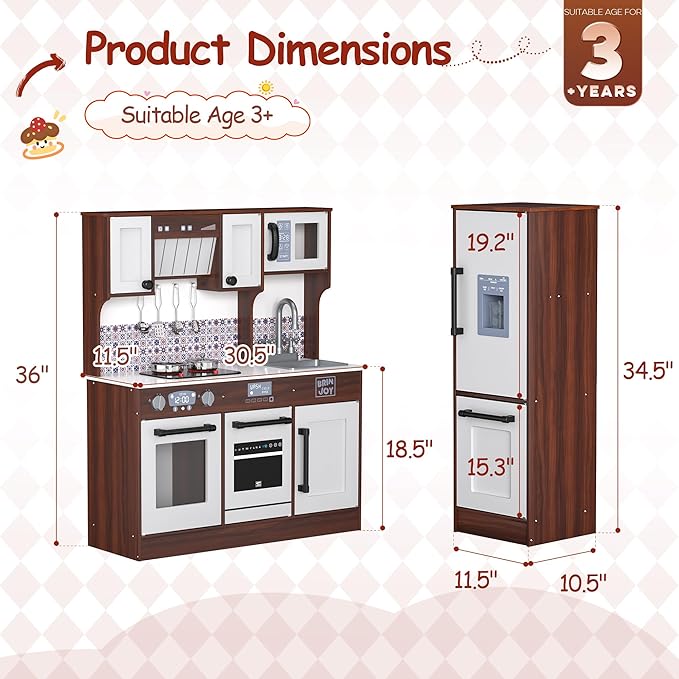 BRINJOY 2-Piece Kids Kitchen Playset, Wooden Play Kitchen Set for Toddlers, Modular Pretend Play Kitchen w/Light&Sound Stove Oven, Large Kitchen Cooking Toy w/Refrigerator, Gift for Girls Boys