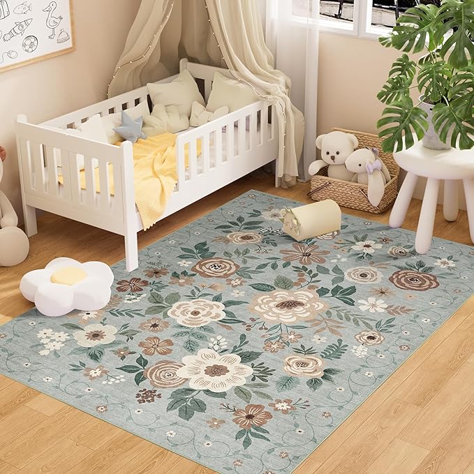 DUKINO 3x5 Area Rug, Floral Washable Rug for Bedroom Non Slip, Sage Green | Soft, Stain Resistant Low Pile Indoor Rug for Entryway, Bedroom, Bathroom, Living Room, Pet Friendly, Home Decor, Lightweight