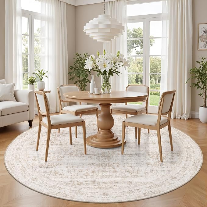 Round Area Rug for Living Room: 6ft Washable Vintage Boho Soft Thin Circle Rug Indoor Floor No Slip Stain Resistant Carpet for Bedroom Dining Room Farmhouse Nursery Home Office -Beige Brown