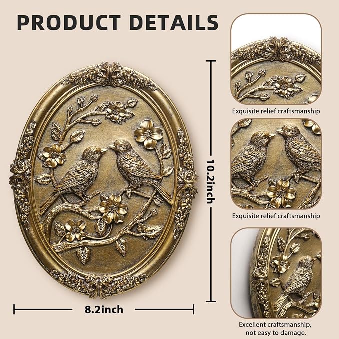 Vintage Bird Wall Sculpture,Antique Wall Decor,Retro Art Birds Sculpture,Hand Painted Wall Decoration with Embossed Couple Birds Design,Vintage Wall Decor for Living Room Bedroom Dining Room Hallway, Housewarming Gifts