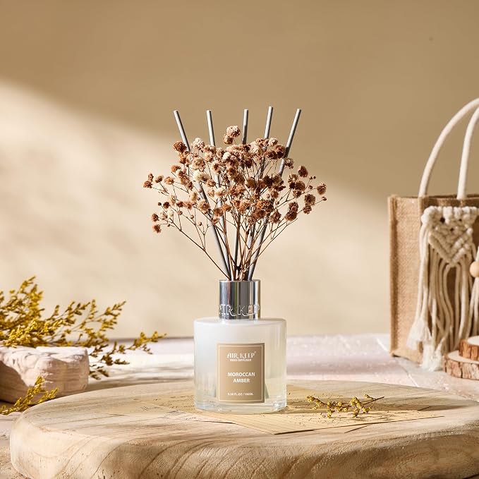 Airkeep Reed Diffuser Set,3.38 fl oz (100 ml) - Moroccan Amber Oil Diffusers with 8 Reed Sticks, Home Fragrance Reed Diffuser for Bathroom Shelf Decor