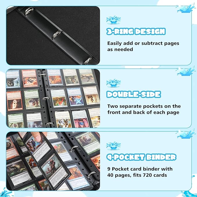 9 Pocket Card Binder for Pokemon Card, 720 Pockets Card Binder Holder with 40 Removable Sleeves, 3-Ring Zip Design Trading Card Albums for MTG/TCG/Sport Collectible Gifts for Boys and Girls (Blue)