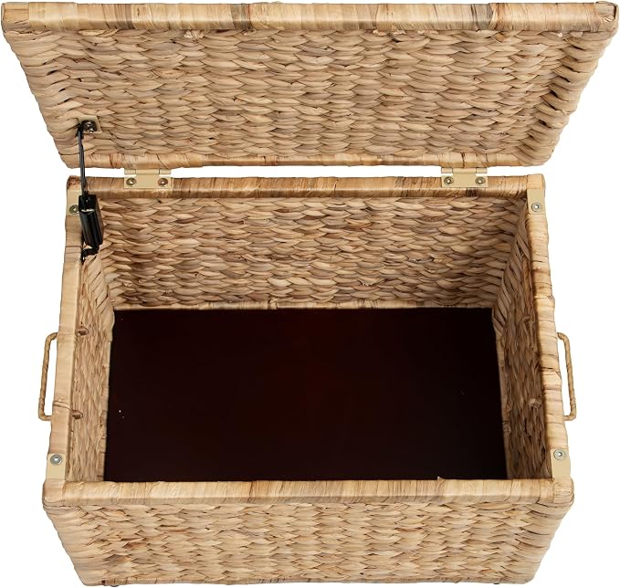 Storage Trunk with Metal Frame, Natural, 20.5 by 14.8 by 13.4 Inches | Safety Hinge, Heavy-duty Wicker Chest, Handwoven Water Hyacinth