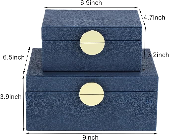HofferRuffer Faux Leather Jewelry Boxes, Decorative Boxes Storage Accessory Organizer with Gold Hardware Decor, Classic Vegan Leather Set of 2 Pieces (Navy Blue)