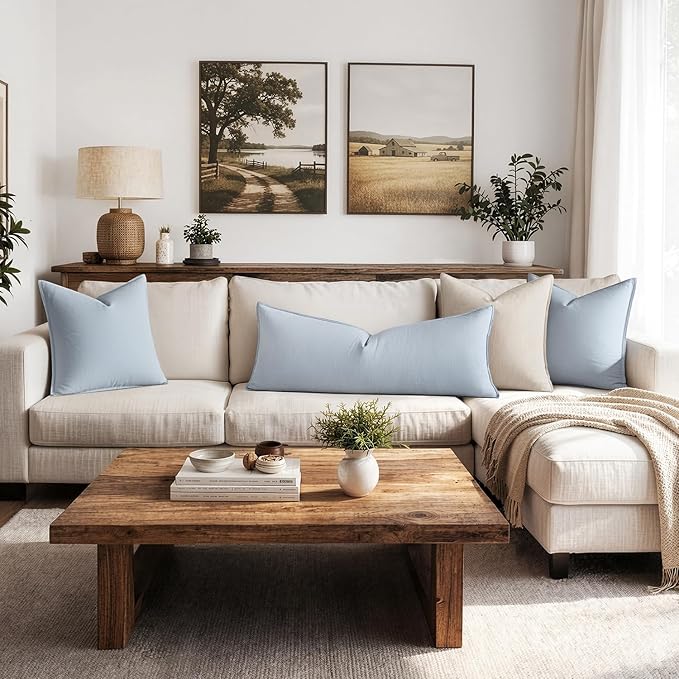 MIULEE Decorative Linen Lumbar Pillow Cover 14x36 Inch Light Blue | Boho Farmhouse Couch Long Throw Pillow for Bed, Pack of 1 Accent Coastal Modern Pillowcase, Sofa Livingroom Home Decor