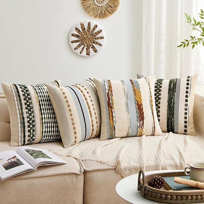ANRODUO Boho Decorative Pillow Covers 18x18 Blue-Earth Tones Pack of 1 | Throw Pillow Covers, Farmhouse Cushion Case, Chenille Pillow Cases, Pillow Covers, Neutral Pillowcase for Sofa Couch Bed