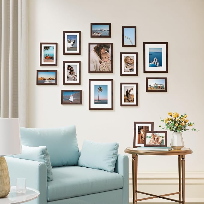Vittanly 15 Pack Picture Frames Collage Wall Decor, Wall/Tabletop Display | Light Brown, Multi-Size Gallery Wall Frame Set: 3pcs 8x10, 6pcs 5x7, 6pcs 4x6. Picture Frame Set for Family