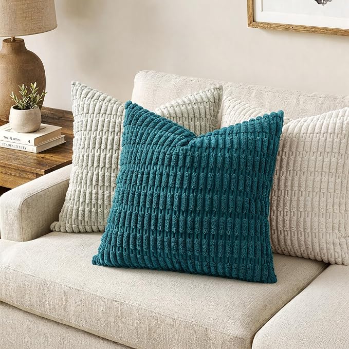 MIULEE Corduroy Decorative Throw Pillow Covers 20x20 Teal Pack of 2 | Soft Boho Striped Pillow Covers Modern Farmhouse Coastal Home Decor For Sofa Living Room Couch Bed