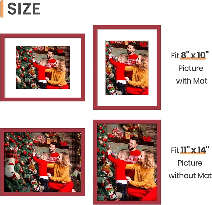 upsimples 11x14 Picture Frame, Display Pictures 8x10 with Mat or 11 x 14 Without, Wall Hanging Photo Frames, Red, 1 Pack