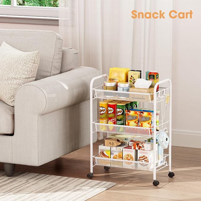 TOOLF 3 Tier Rolling Cart, Metal Utility Storage Cart with Wheels, White | 3 Hooks, Screwless Assembly, Trolley Organizer for Bathroom, Kitchen, Office, Nursery, Dorm, Laundry Room