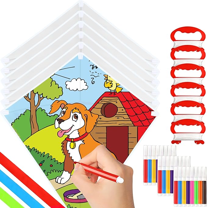Mototo 6 Pack DIY Blank Kite Bulk White Beach Kite Making Kit Decorating Coloring Painting with 6 Packs Watercolor Pens and 164 feet String for Adults Kids Outdoor Park Beach Grassland Activities