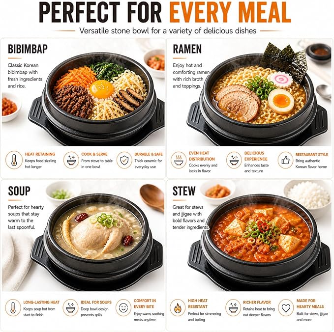 XICHENGSHIDAI Korean Stone Bowl, Dolsot with Tray, 37 Oz, Black | Heat-retaining bowl with tray for bibimbap, soup, stew and ramen; suitable for gas stovetops and ovens, not induction.