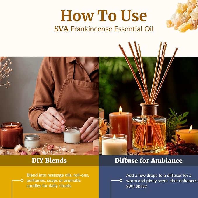 SVA Frankincense Essential Oil – 1 Fl Oz – for Diffuser, Skin & Hair Care – Ideal for Massage & DIY Blends – with Dropper