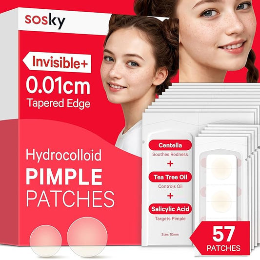 Sosky Pimple Patches for Face, FSA Eligible Invisible Hydrocolloid Acne Patches, Zit Sticker for Face and Skin, Pimple Sticker for Covering Zits, Blemishes with Salicylic Acid 57 Count