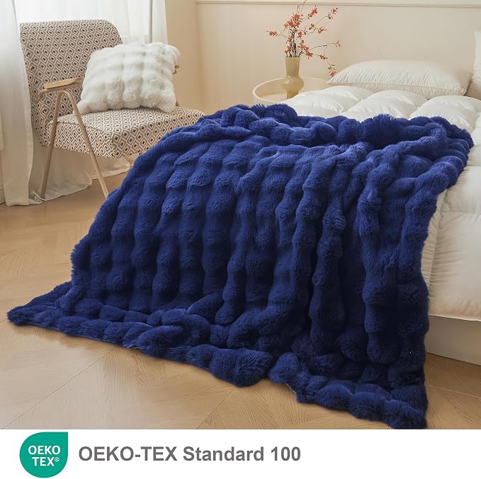 LIFEREVO Luxury Fluffy Faux Rabbit Fur Throw Blanket 60x80, Navy Blue | Plush Fuzzy Bubble Lap Throw for Couch Sofa Office, Soft Cozy Royal Furry Bed Blanket Home Decor, Washable & Skin-friendly