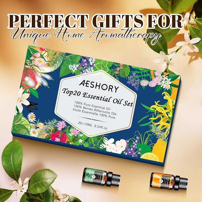 Natural Essential Oils Gift Set, 20 x 10ML Essential Oil for Diffuser, Humidifiers, Skin Care, Massage, Fragrance Oil for Candle & Soap Making, Lavender, Eucalyptus, Tea Tree More Aromatherapy Oil