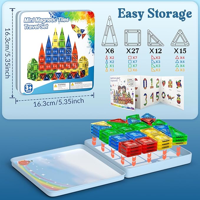 60pcs Mini Magnetic Tiles for Kids Ages 3-8,Travel Magnetic Building Blocks with Metal Storage Box, STEM Educational Toys, Montessori Sensory Learning Toys for Toddlers, Boys & Girls Gift