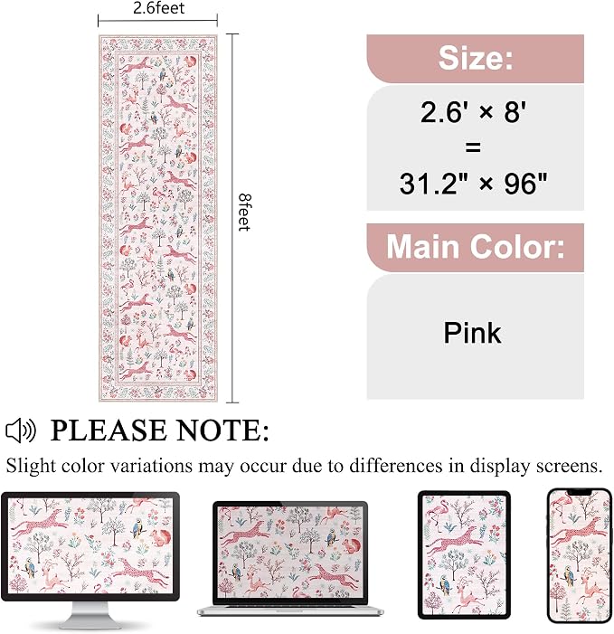 DUKINO 2.6x8 Rug for Hallway, Washable Kitchen Runner Rug Non Slip, Pink | Low Pile, Stain Resistant, Soft Animal Indoor Carpet Runner for Entryway, Bedroom, Bathroom, Laundry, Lightweight, Home Decor