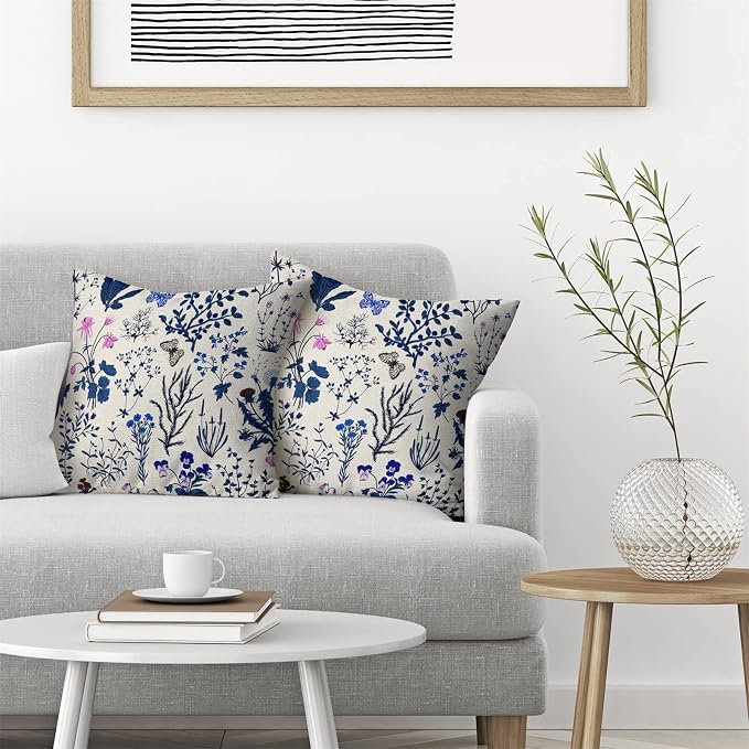 AEIOAE Summer Pillow Covers 20x20 Inch Set of 2,Navy Blue Wild Flower Plant Throw Pillows Case,Seasonal Floral Outdoor Decorative Square Linen Farmhouse Decor Cushion Covers for Home Sofa Bed Couch