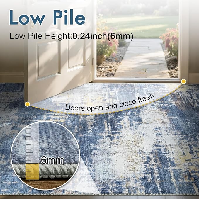 6x9 Ft Large Area Rugs for Living Room, Soft Non-Slip Washable Rugs Modern Abstract Pattern Carpet for Bedroom Indoor Floor Nursery Home Decor (Blue/Gold)