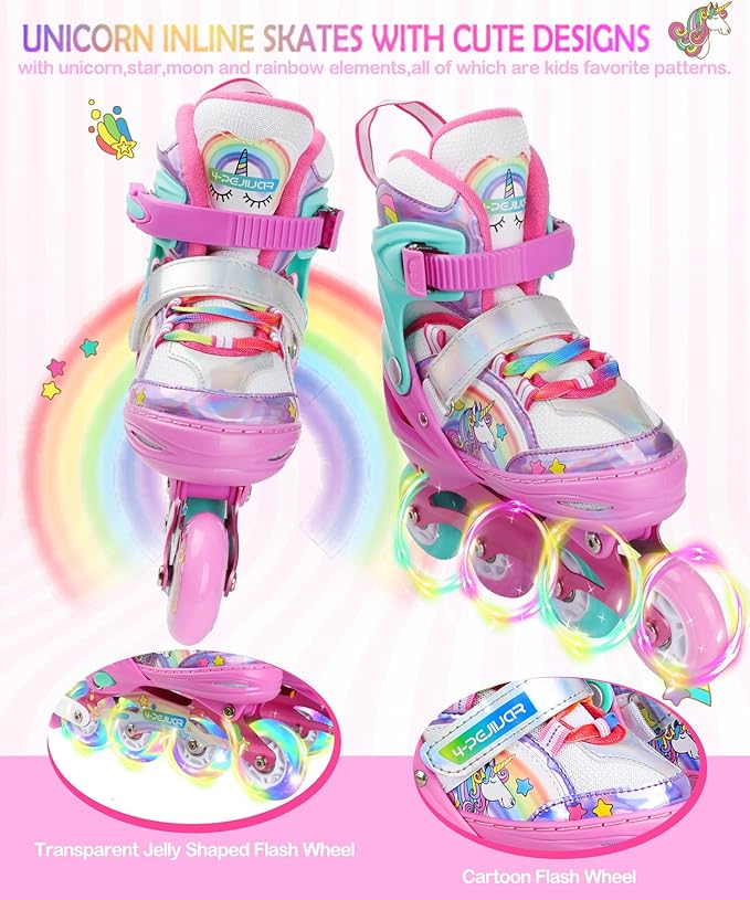 Unicorn Rainbow Inline Skates for Girls Teens Womans,4-Pejiijar Roller Skates for Girls Ages 6-8-12 w/Luminous Wheels,Kids Adjustable Roller Shoes for Birthday Xmas Gifts