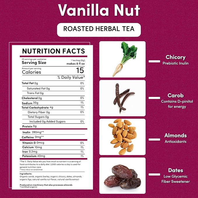 Teeccino Vanilla Nut Herbal Tea, 25 Tea Bags - Rich & Roasted Herbal Tea That’s Caffeine Free & Prebiotic for Natural Energy, 3X more Herbs, Acid Free, Great Hot or Iced