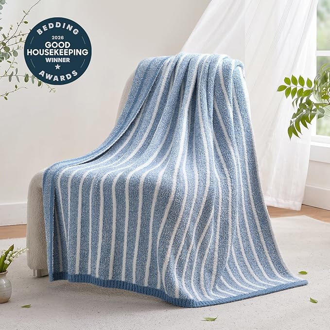 Snuggle Sac Ultra Soft Blue Throw Blanket for Couch, Reversible Cozy Knitted Ribbed Blankets, Fuzzy Knit Striped Throws for Sofa, Bed, Home Decor, Blue 50"x60"